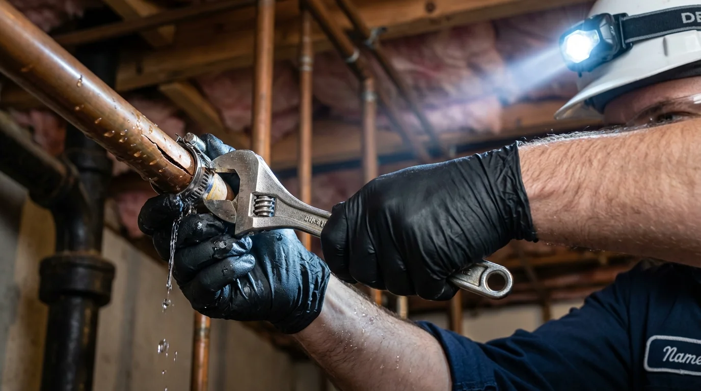 Emergency pipe clamp repair being performed by a Johns Plumbing LLC plumber in Oshkosh